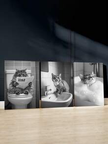 Set Of 3 Bathroom Scene Poster, Cat Newspaper Canvas Print Wall Arts, Reading Cat Poster, Sink Splash Art Prints, Relaxing Cat Wall Arts, Bubble Bath Bulk Modern Artwork, Wall Arts, Room Aesthetic, Posters, Ideal Gift, Optional Framed ,Wall Art With Frame