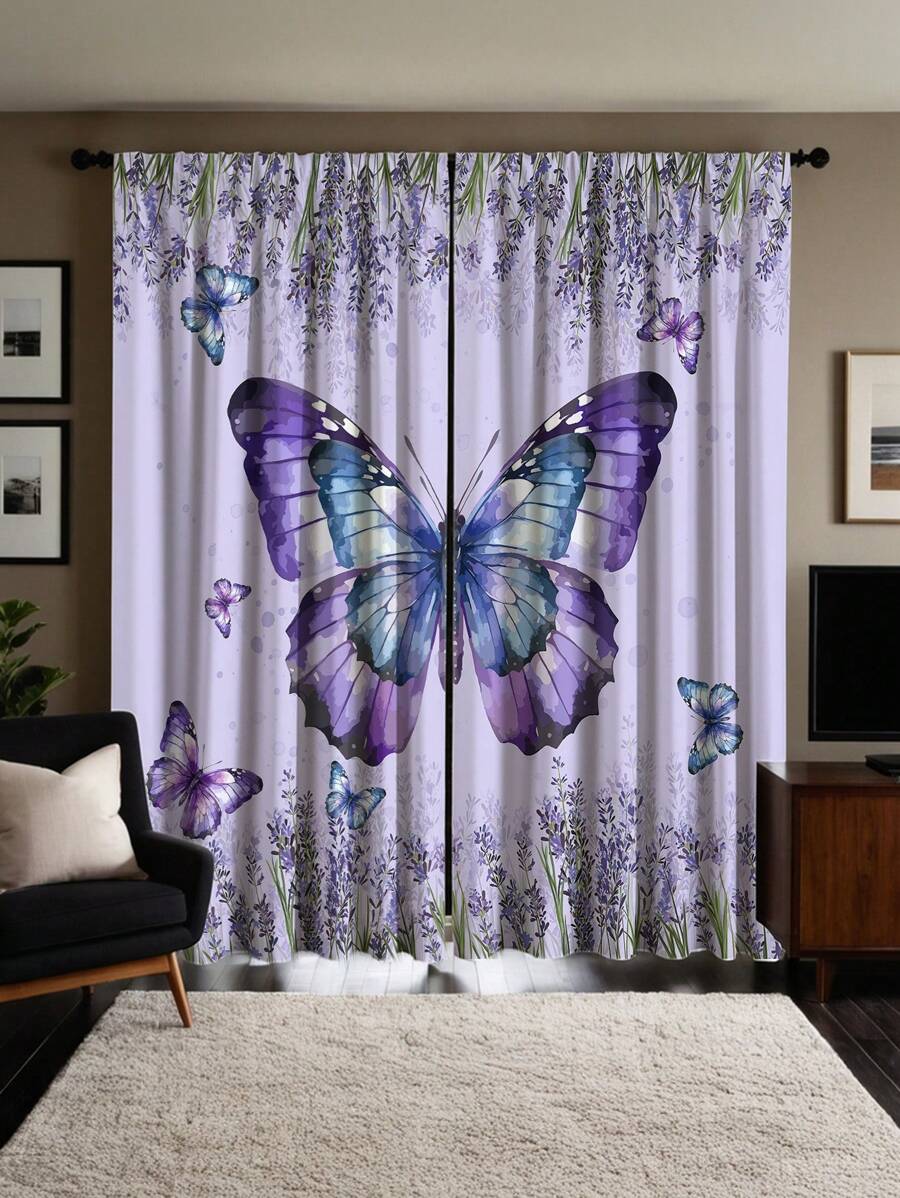 2pcs Purple Butterfly Pattern Printed Curtains With Rod Pocket, UV Blocking, Machine Washable Polyester, Suitable For Living Room, Kitchen, Cafe, Balcony And Garden Decor