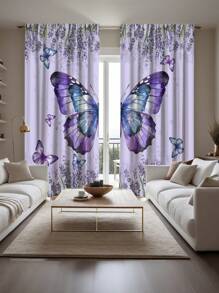 2pcs Purple Butterfly Pattern Printed Curtains With Rod Pocket, UV Blocking, Machine Washable Polyester, Suitable For Living Room, Kitchen, Cafe, Balcony And Garden Decor