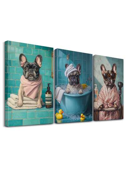 Juego de 3 carteles de relajación y entretenimiento, pinturas de ambiente alegre, impresiones artísticas de escenas de baño de perros, impresiones artísticas en lienzo de ambientes elegantes, pinturas originales, decoración para el hogar del Charm del baño, obras de arte de pared, obras de arte, pósteres, regalo ideal, con opción de enmarcar