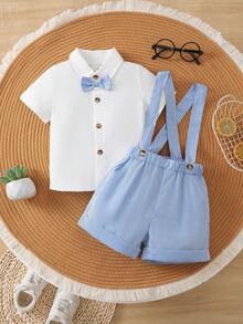 BrownBark 男婴绅士西装，短袖衬衫配蝴蝶结 + 条纹工装短裤，适合春夏季休闲、户外、派对、婚礼 - 白色 - 查看 1