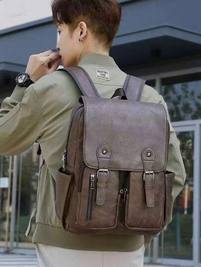 Mochila De Couro PU Masculina Impermeável Vintage -2025