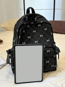 新款时尚蝴蝶结印花大容量学生背包，多功能休闲多口袋通勤包，女士背包，学院风书包，可爱蝴蝶结背包，返校必备，大学背包，大学必备单品