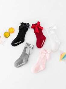 5 Pairs Simple Solid Stripe Kids Long Tube Socks, Non-Slip Ruffle Cuff Toddler Bow Mid-Calf Socks