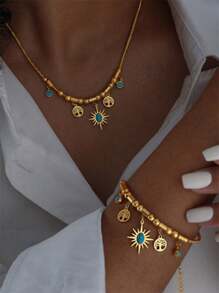 Colar com pingente de árvore da vida, girassol, estrela e lua em estilo boêmio vintage com pulseira de contas turquesa para mulheres