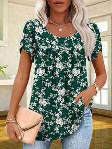 大码女式花卉印花圆领短袖褶皱休闲T恤