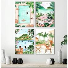 1 pièce Œuvre d'art murale d'été moderne pour fête de piscine. Impression tropicale de plante, image de voyage, fille de spa. Peinture sur canevas. Poster de décoration de salle de séjour, cadeau, décoration. canevas optionnelle avec cadre