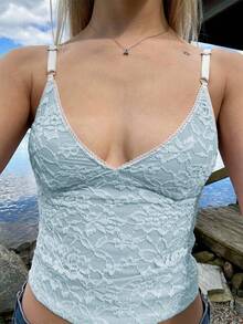Canotta aderente in pizzo con scollo a V, stile Y2K, abbigliamento autunnale da donna - Blu - Visualizzare 5
