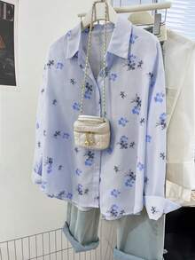 YUXIN Elegant Ditsy Floral Blouse, Lightweight Breathable Women's Shirt For Spring, Summer & Autumn - Lake Blue - View 3