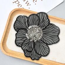 20/10pcs Black Lace Fabric With 3D Sequin Bead Flower Applique, Polyester Mesh Embroidery For DIY Clothing And Craft Decoration, Sewing Supplies