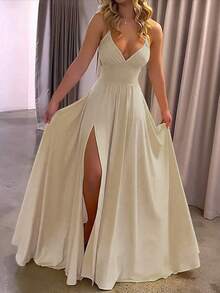 女式纯色V领无袖开衩腰修身优雅连衣裙 - 杏色 - 查看 1