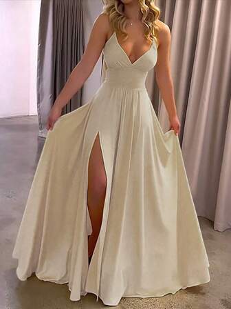 Women's Solid Color V-Neck Sleeveless Slit Waist Fitted Elegant Dress