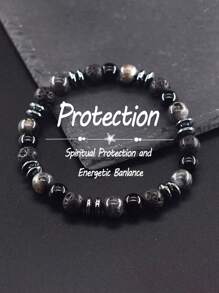 1 Stück Herren Schutzarmband - Labradorit & Schwarze Vulkanstein Perlen Armband für Frauen Männer, spiritueller Schutz und energetisches Gleichgewicht Schmuck