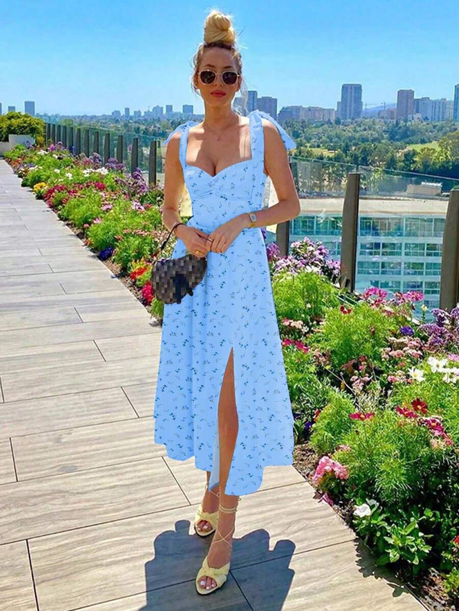 Nuevo vestido de verano con escote en V, tirantes finos, lazo, semitransparente con estampado floral diminuto, espalda descubierta y abertura, estilo bohemio de vacaciones - Azul - Ver 1