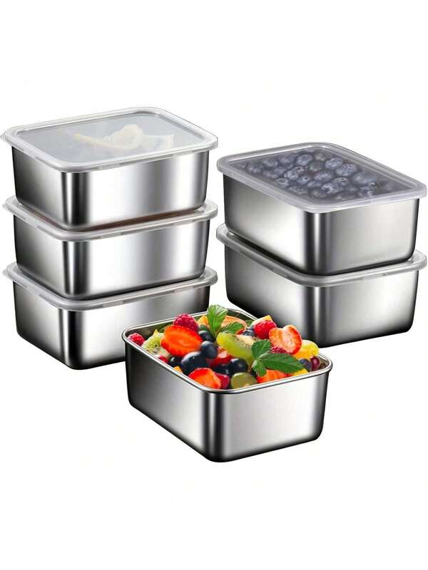 "Multi-Functional" 6pcs Storage Containers, Stainless Steel Food Storage Boxes With Lids, Leak-Proof Stackable Food Seal Boxes, For Camping, Picnic, School And Office, Kitchen Organizer And Storage.