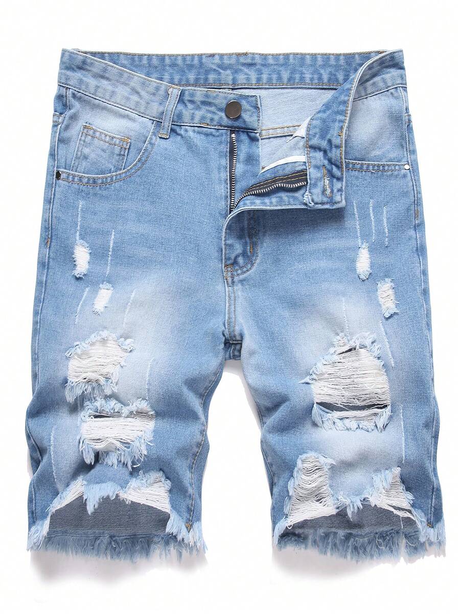 Men's Casual Distressed Frayed Hem Denim Shorts Jorts, Summer, Emo Style - Baby Blue - View 1