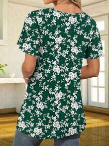 Plus Size Women Floral Print Crew Neck Short Sleeve Pleated Casual T-Shirt
