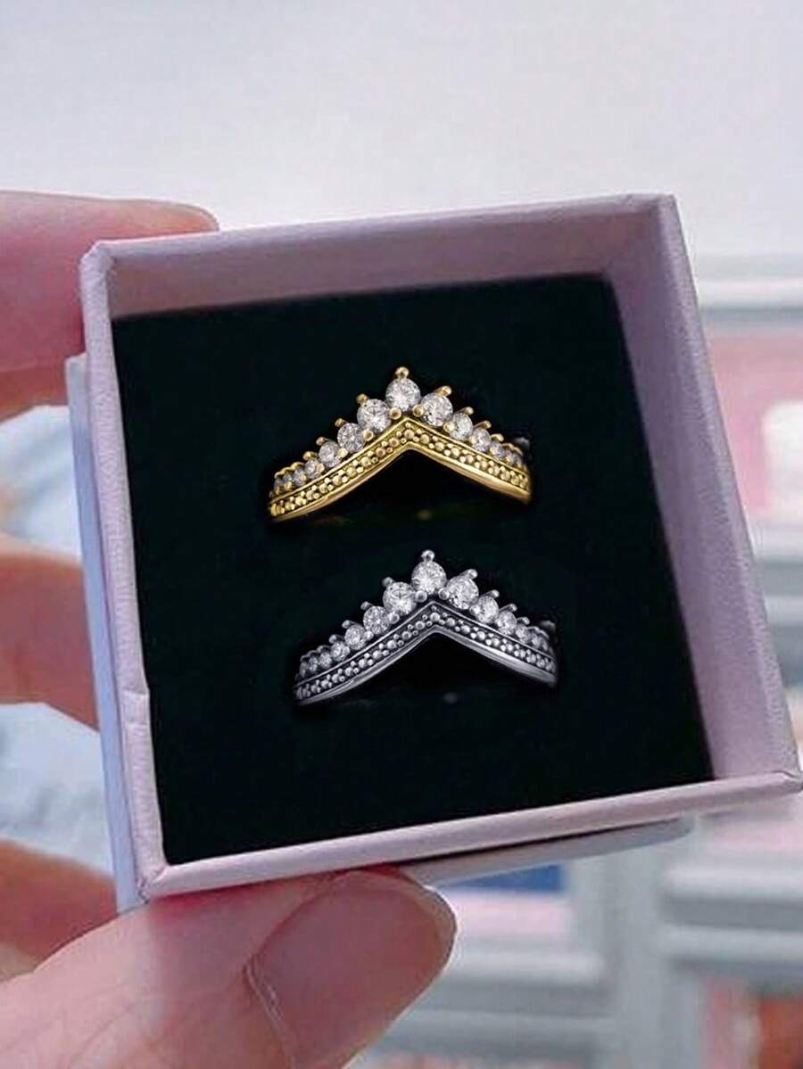 1pc V-Shape Crown Ring Ladies Jewelry For Women S925 Sterling Silver Elegant Promise Ring For Couple Wedding Fine Jewelry Gift For Girls - V-shaped Crown Small Heart - View 1
