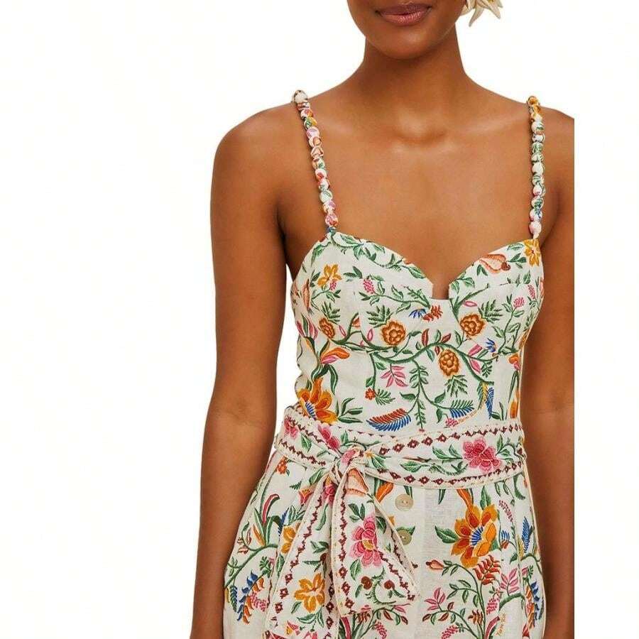 FARM Rio Delicate Forest Off White Linen Romper Swim Cover-Up |  | Women Sports Bodysuits