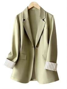 Women's Sleeve Stripe Patchwork Single-Button Regular Blazer - Army Green - View 3