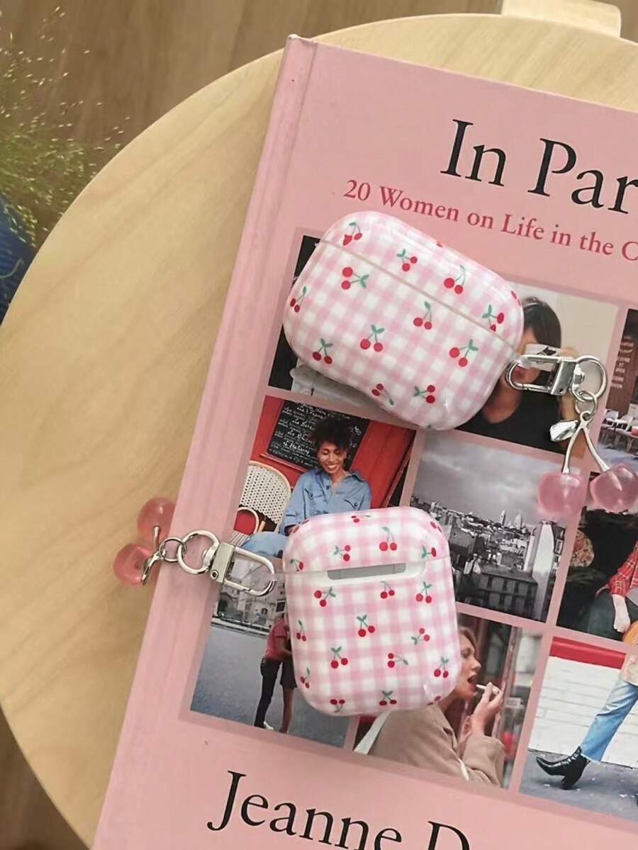 韩版少女格纹樱桃图案4手机壳，Pro 2手机壳，3/2无线蓝牙耳机壳 - 粉色 - 查看 1