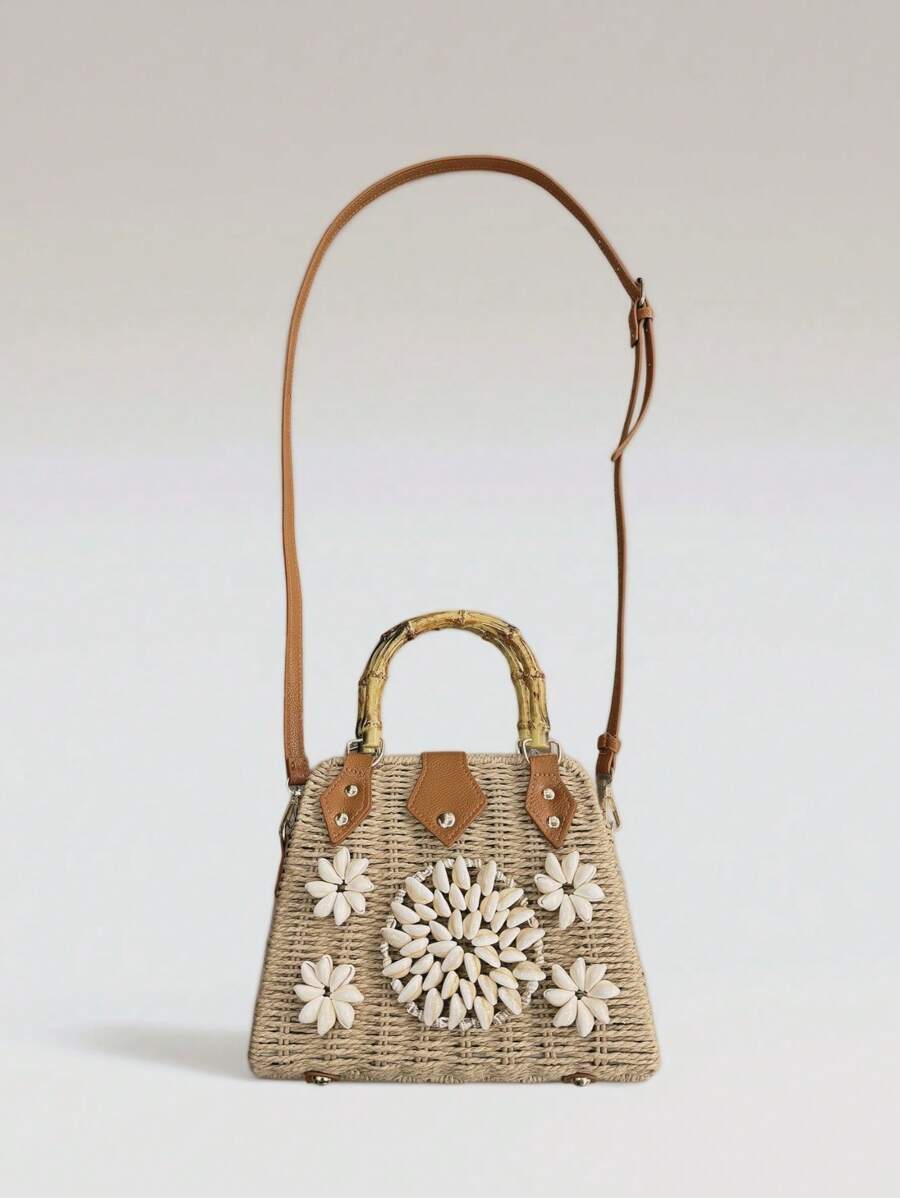 2025 New Handmade Weaving Shell Beads Flower Shoulder Bag, Fashion Multi-Way Tote