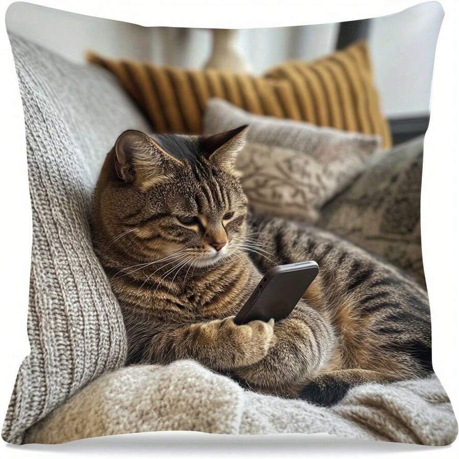 1 件猫咪发短信装饰抱枕套，18 英寸 x 18 英寸，拉链封口 - 俏皮蜜桃色仿毛皮印花，现代家居装饰，猫咪爱好者礼物，可机洗涤纶材质，卧室装饰 | 俏皮猫咪设计 | 拉链抱枕套，猫咪装饰 - 彩色 - 查看 1