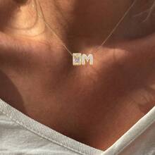 1pc Simple Classic Rectangle Artificial Crystal Bubble Initial Pendant Golden Stainless Steel Chain Necklace For Women - Yellow Gold - View 1