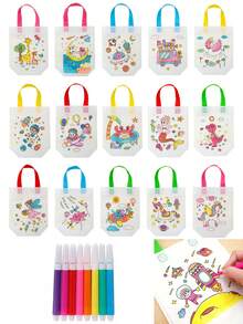 5/10个DIY涂鸦礼品袋，随机DIY材料包绘画着色空白涂鸦无纺布手提袋，袋子本身无色，需要用刷子涂色，可重复使用的动物艺术派对礼品袋，迷你无纺布购物袋，派对用品 - 彩色 - 查看 11