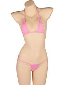 WOMEN'S Extreme Sexy Hot Silk Micro Bikinis Set Mini Smart Swimwear Halloween Christmas New Year - Pink - View 2