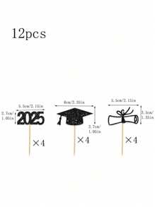12pcs 2025 Graduation Party Cake Decorations - Cupcake Toppers Diploma Cap Shape Dessert Picks