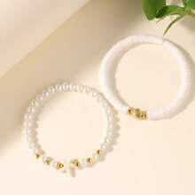 Set de 2 piezas de joyas pulseras de playa de verano para mujer con cuentas de arcilla polimérica blanca con forma de estrella de mar y concha, accesorios de atuendo de vacaciones, moda de surf