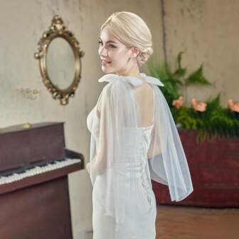 1 Pair Handmade Bow Shoulder Shawl Cape, Elegant Vintage Bridal Accessory For Wedding Dress, European & American Style