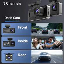 1080P Triple Camera Car Dash Cam – Front/Rear/Inside Recording, With Infrared Night Vision, Loop Recording, Wide-Angle DVR, 2.0-Inch IPS Screen, Dashboard Video Recorder,150mAh Lithium Battery
