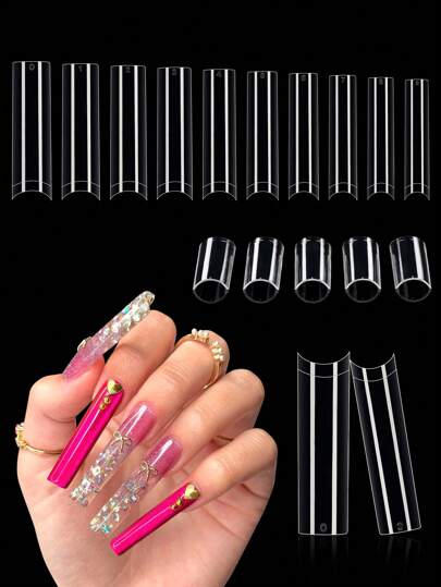 500 buc vârfuri de unghii transparente pentru unghii acrilice profesionale, vârfuri de unghii pătrate, conice, extra lungi, 3XL, 10 dimensiuni, vârfuri de unghii false franceze drepte, pe jumătate acoperite, pentru saloane de unghii