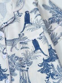 Giraffe & Monkey Print Short Sleeve Shorts Pajama Set For Women - Apricot - View 4