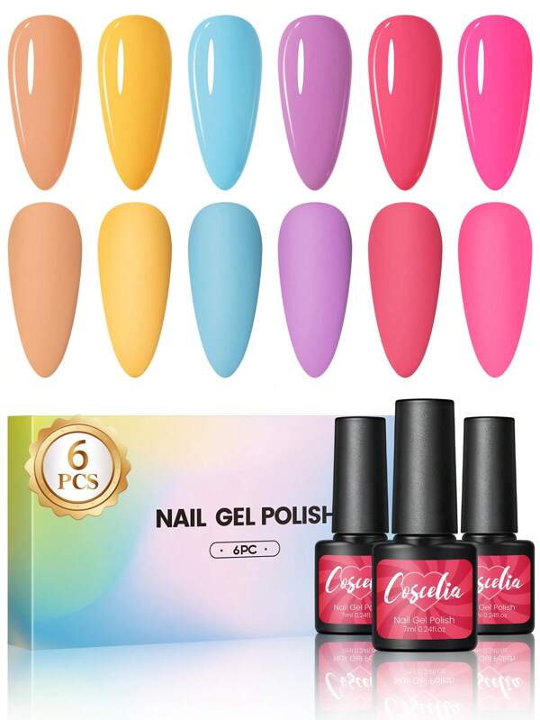 coscelia 6PCS Soak Off Gel Nail Polish Set Rainbow Neon Colors 7ML Nail Gel Polish Needed For UV/LED Lamp Orange Yellow Blue Pink Purple Green Gold Glitter Nail UV Gel Polish Long Lasting Gloss Shine For Summer Nails, Neon Y2K Styles Nails For Women DIY Salon