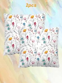 2pcs Ditsy Floral Pattern Decorative Throw Pillow Cases, Letter Print Square Pillowcase Without Filler, Cute Cushion Covers For Sofa, Living Room