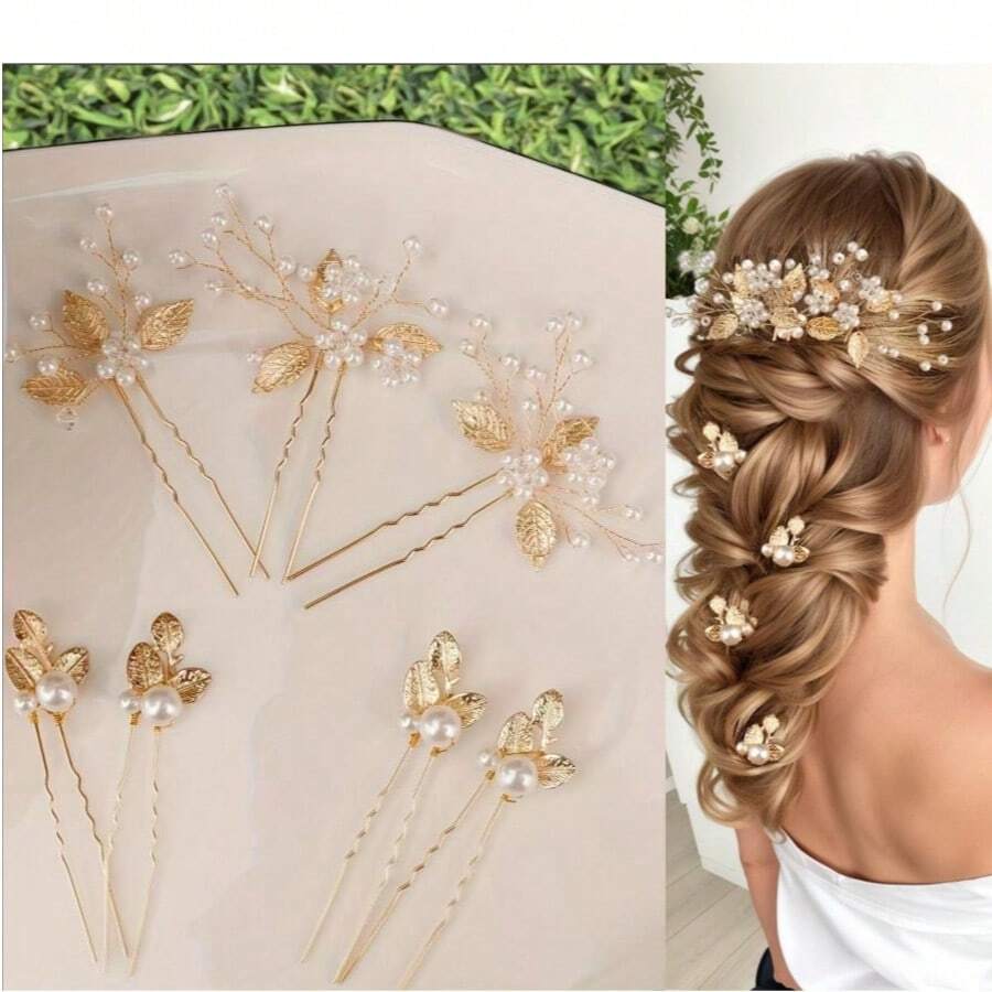 7pcs Gold Leaf Handmade Woven Faux Pearl Crystal Bridal Headpiece Hair Accessories Flower Hair Pin For Wedding Gown Valentine's Day Accessories - Gold - View 1