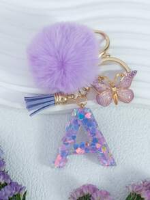Cute Pom Pom Sequin Letter A-Z Resin Tassel Keychain, Wallet & Handbag Charm, Chain Backpack Pendant, Car Hanging Ornament, Girl Gift, School, Car Accessories, Gothic Y2k - Purple - View 14