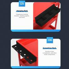 Carrito utilitario de 3 niveles con ruedas giratorias y portaherramientas laterales - Rojo + Caja de tornillos + Ranuras laterales para herramientas - Ver 2