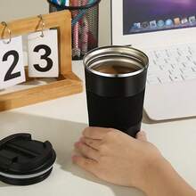 Simple Style Travel Cup With Leak Proof Lid, Insulated Reusable Coffee Cup For Hot And Cold Drinks/Tea, Portable Stainless Steel Hot Takeaway Travel Coffee Cup For Cars, 1 Set Of Back To School Supplies Back To School - Black - View 3