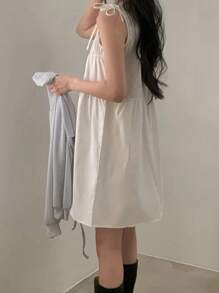 Vintage Pleated Bowknot Sleeveless Mini Dress For Petite Women, Summer