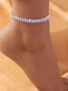 1 Fashionable And Personalized Asymmetrical Rhinestone Studded Ankle Chain - Silver - View 1