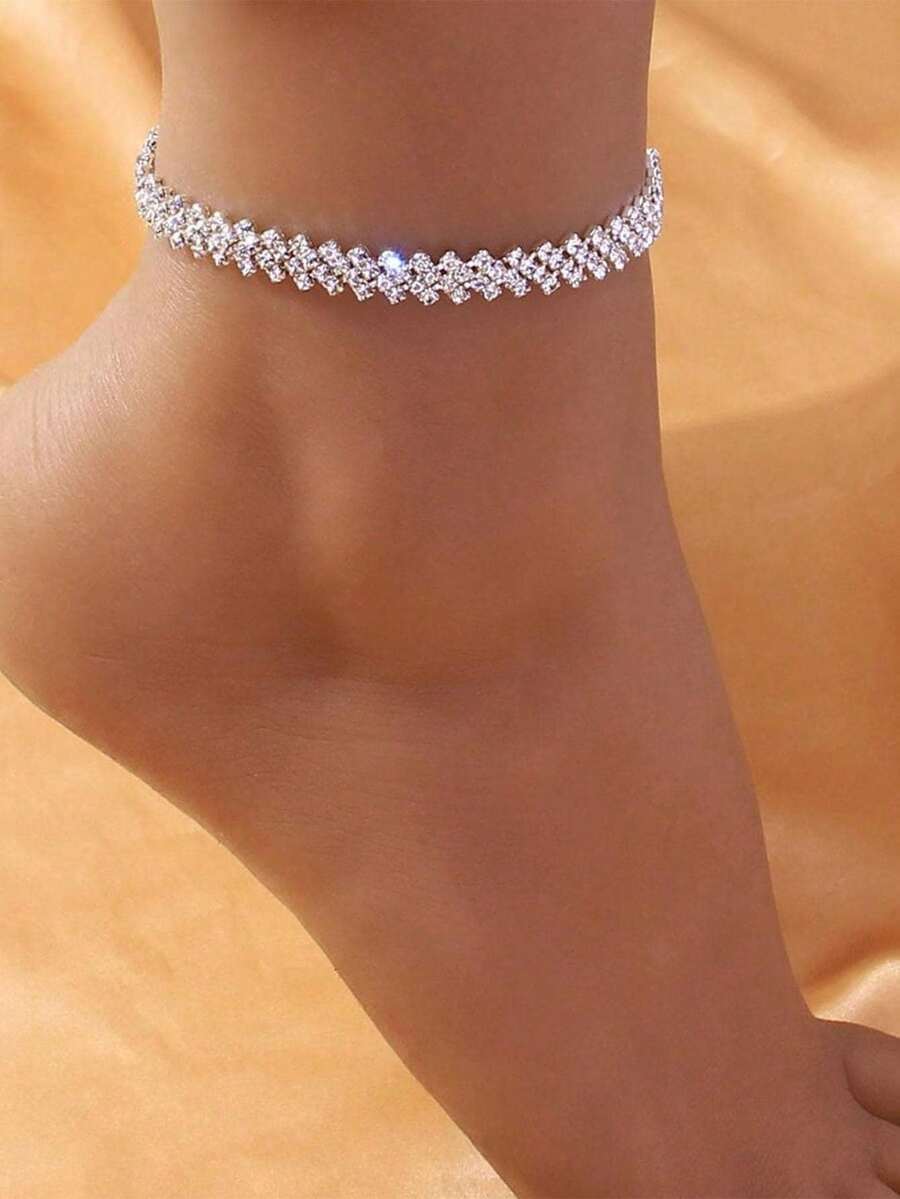 1 Fashionable And Personalized Asymmetrical Rhinestone Studded Ankle Chain - Silver - View 1