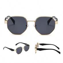 1 pieza Gafas de moda con marco de polígono romboidal único, estilo retro redondo, versátil para hombres y mujeres, marco de metal extra grande - Negro - Ver 1