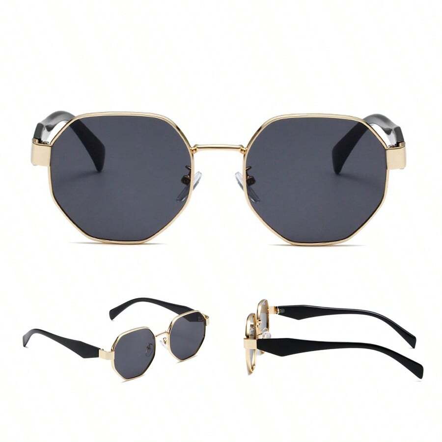 1 pieza Gafas de moda con marco de polígono romboidal único, estilo retro redondo, versátil para hombres y mujeres, marco de metal extra grande - Negro - Ver 1