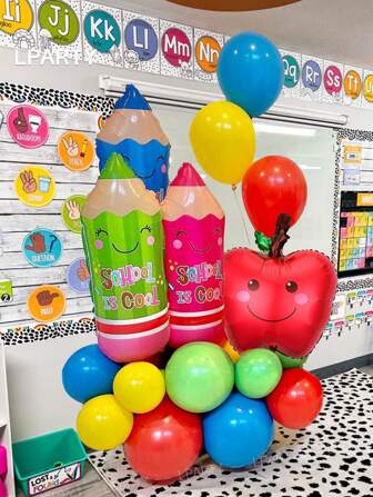 24 件/套开学派对装饰、教室装饰道具、巨型铅笔（粉色/绿色/蓝色）铝箔气球、红苹果气球、10 英寸/黄色/蓝色乳胶气球，营造欢迎返校的欢乐氛围