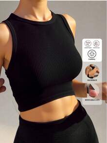1 pieza Sujetador deportivo para mujer de color liso, con tirantes plateados y espalda de tipo racer, cómodo - Negro - Ver 1