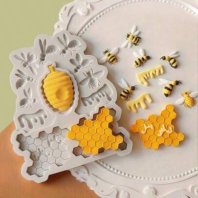 1/2/4pcs "Bee Theme Silicone Mold (Including Honeycomb/Queen Bee/Honey Bucket Design) - Non-Stick Baking Mold Suitable For Chocolate/Fondant/Soap/Jelly DIY Making, Multi-Function Cake Decorating Tool Suitable For Parties, Birthday Dessert Tables, Cupcakes, Cookies And Kitchen Baking Enthusiasts", Mother's Day, Father's Day, Wedding, Back To Schools Season, Graduation Season Supplies.
